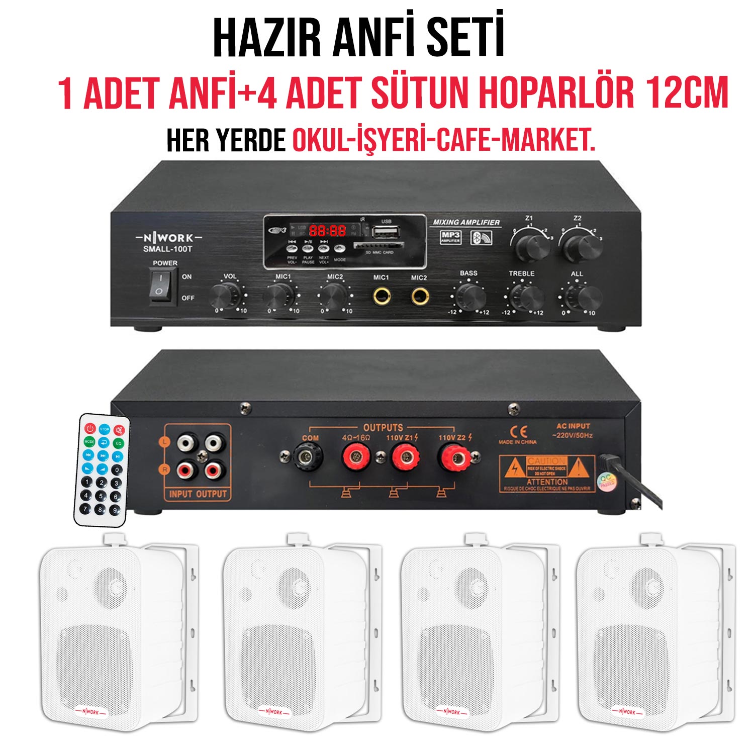 NWORK SMALL-100T Anfi Seti 1 Adet 100 Watt Anfi + 2 Çift 12CM Sütun Hoparlör
