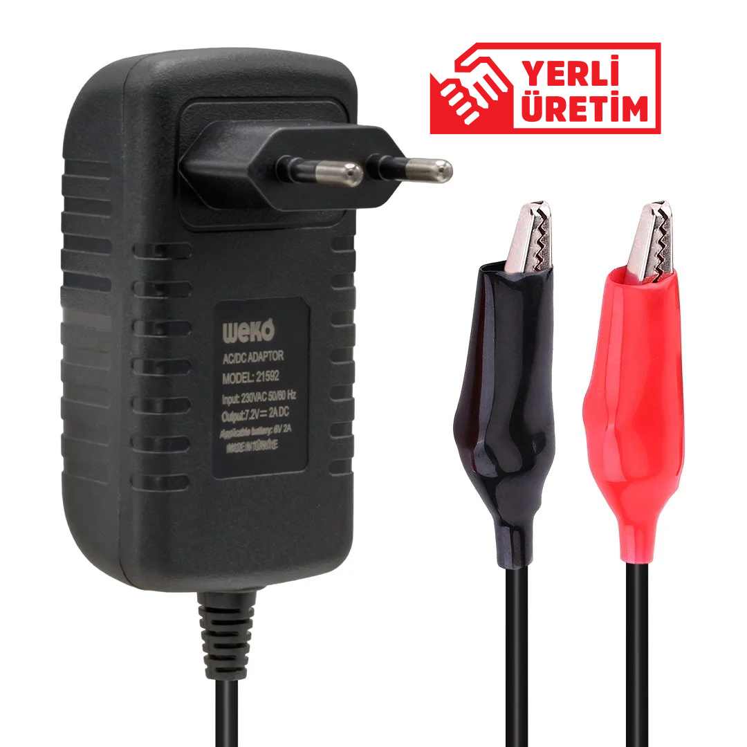 7.2 VOLT - 2 AMPER KROKODİL UÇLU PRİZ TİP LEDLİ YERLİ ÜRETİM AKÜ ŞARJ CİHAZI (OUT:6V2A)