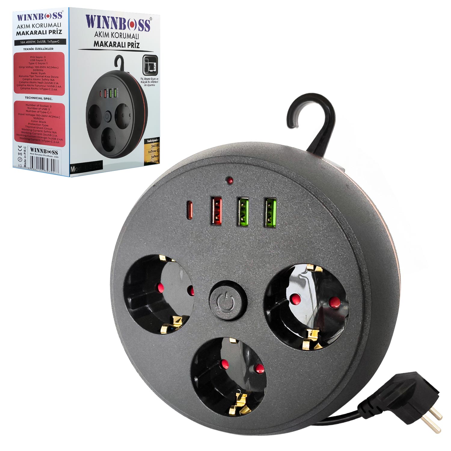 WINNBOSS WN-3395 3Lü Akım Korumalı Priz Makaralı Anahtarlı 16A 4000 Watt 3XUSB 1XType-c